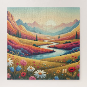 Vibrant Sunset Modern Mountain Landscape & Flower Jigsaw Puzzle
