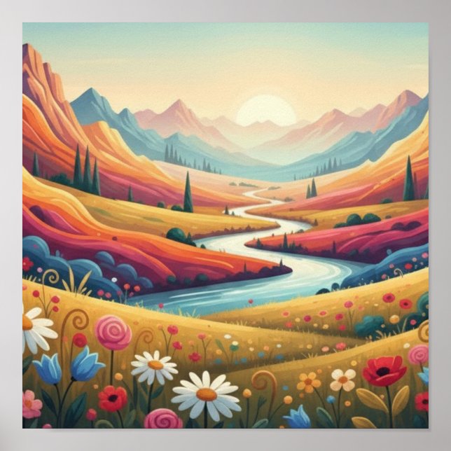 Vibrant Sunset Modern Mountain Landscape & Flower Poster (Front)