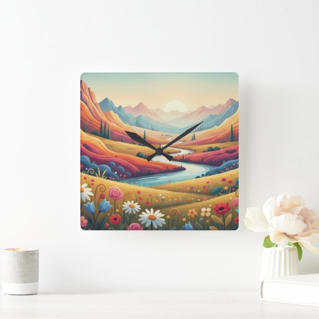 Vibrant Sunset Modern Mountain Landscape & Flower Square Wall Clock (Home)
