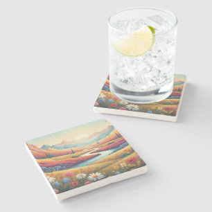 Vibrant Sunset Modern Mountain Landscape & Flower Stone Coaster