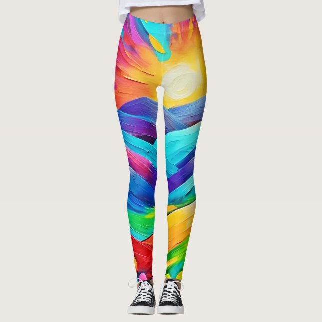 Vibrant Sunset Mountain Art Print Leggings (Front)