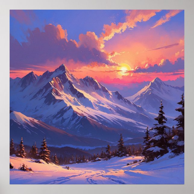 Vibrant Sunset Mountain Landscape Painting Poster (Front)