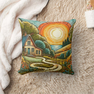 Vibrant sunset over a peaceful country landscape cushion