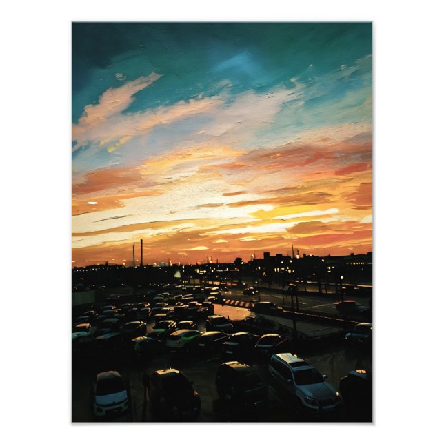 Vibrant Sunset Over Cityscape and Parking Lot Photo Print (Front)