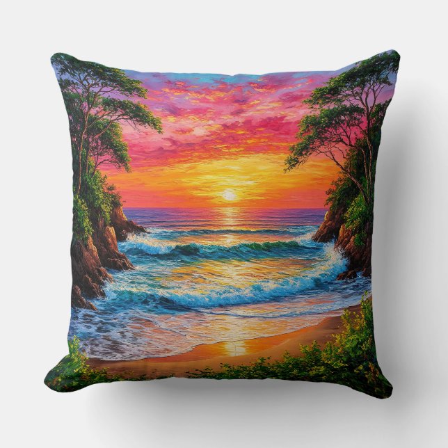 Vibrant Sunset Over Ocean Shore Cushion (Front)
