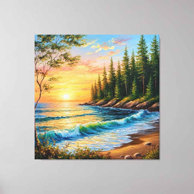Vibrant Sunset Over Ocean Waves Canvas Print (Front)