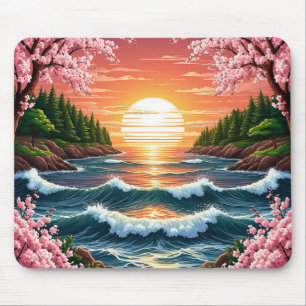 Vibrant Sunset Over Ocean Waves Mouse Pad