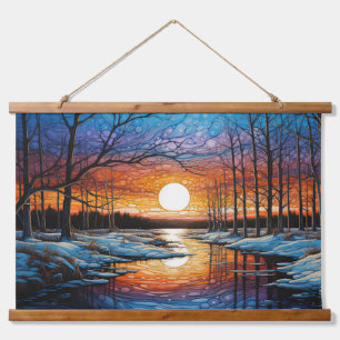 Vibrant Sunset Over Snowy Forest River Hanging Tapestry