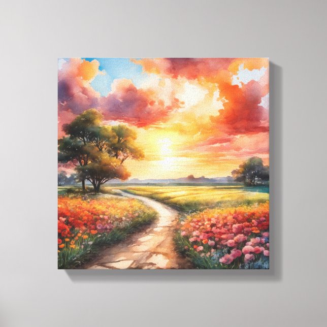 Vibrant Sunset Path Through a Field of Flowers Canvas Print (Front)
