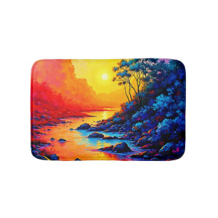 Vibrant Sunset River Landscape Art Bath Mat