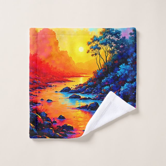 Vibrant Sunset River Landscape Art Bath Towel Set (Wash Cloth)