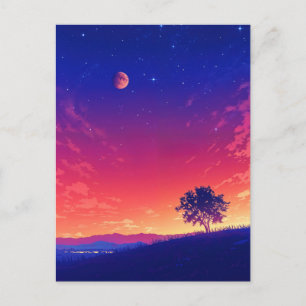 Vibrant Sunset Tree and Blood Moon Postcard