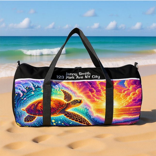 Vibrant Sunset Turtle Travel Monogram Personalise Duffle Bag (Creator Uploaded)