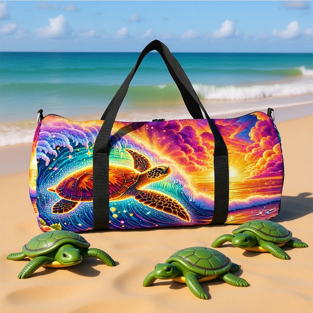 Vibrant Sunset Turtle Travel Monogram Personalise Duffle Bag (Creator Uploaded)