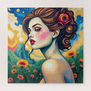 Vibrant Surreal Woman Portrait - Fantasy Landscape Jigsaw Puzzle