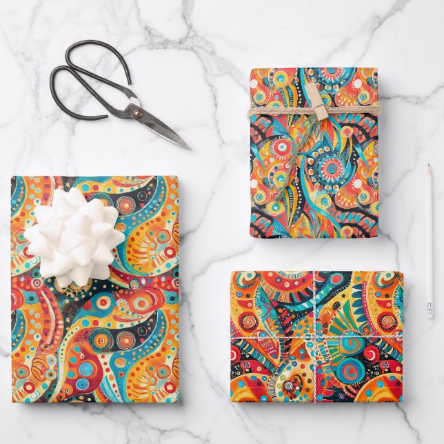 Vibrant Swirling Spirals and Bold Geometric Design Wrapping Paper Sheet (Front)
