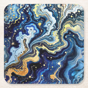 Vibrant Swirls of Blue and Gold 5 Square Paper Coaster