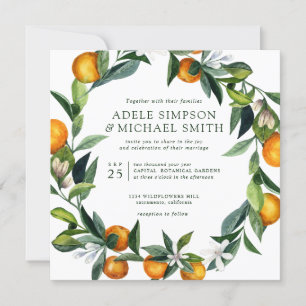 Vibrant Tangerine All in one Botanical wedding Invitation