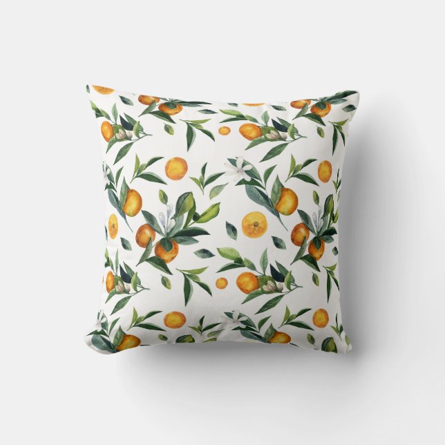 Vibrant Tangerine citrus fruit Orange green Cushion (Front)