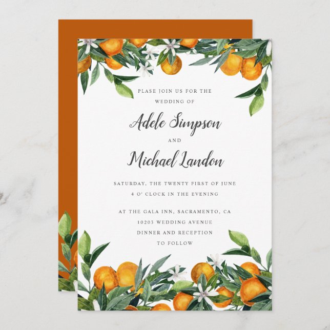 Vibrant Tangerine Citrus leaves watercolor wedding Invitation (Front/Back)