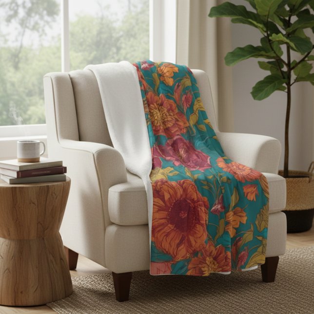 Vibrant Teal and Orange Floral Fleece Blanket (Creator Uploaded)
