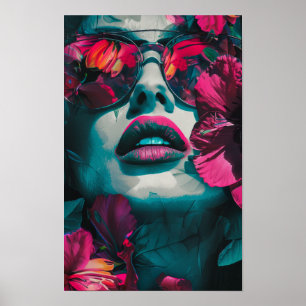 Vibrant Teal and Pink Floral Head Poster