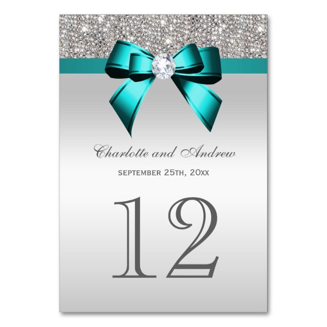 Vibrant Teal Blue Faux Diamond Bow Silver Sequins Table Number (Front)
