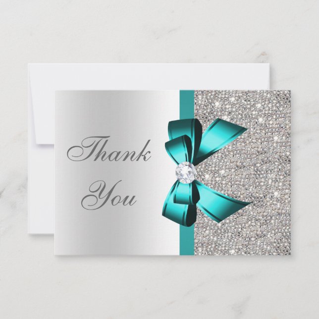 Vibrant Teal Bow Silver Diamonds Thank You (Front)