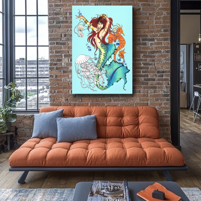 Vibrant Teal Fantasy Mermaid Illustration Canvas Print (Creator Uploaded)