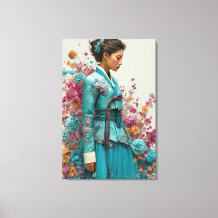 Vibrant Teal Hanbok and Wildflower Canvas Art