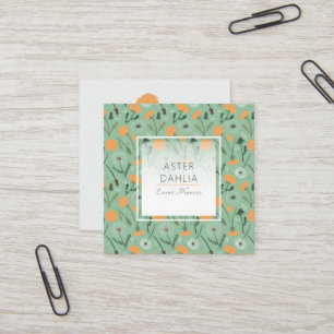 Vibrant Teal Orange Dandelion Tossed Floral Print Square Business Card