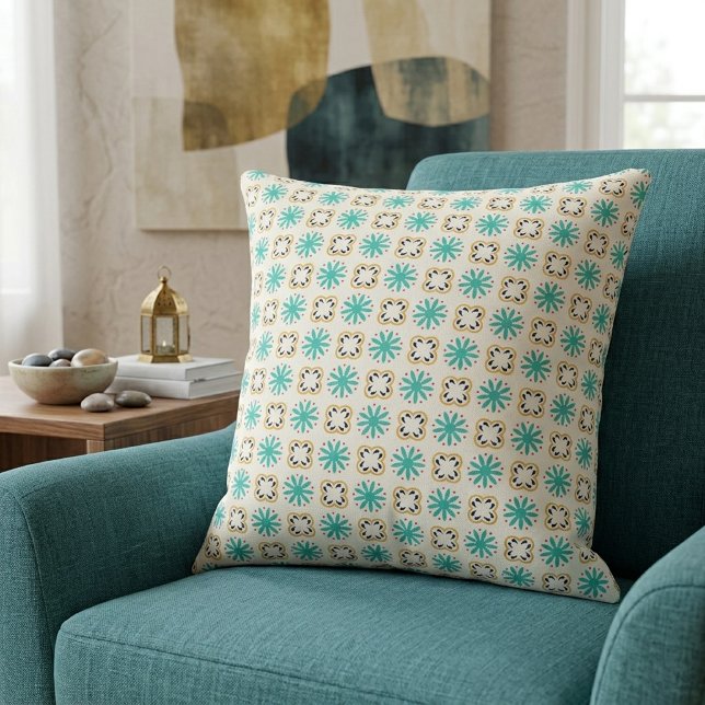 Vibrant Teal Orange Geometric Floral Pattern Cushion (Creator Uploaded)