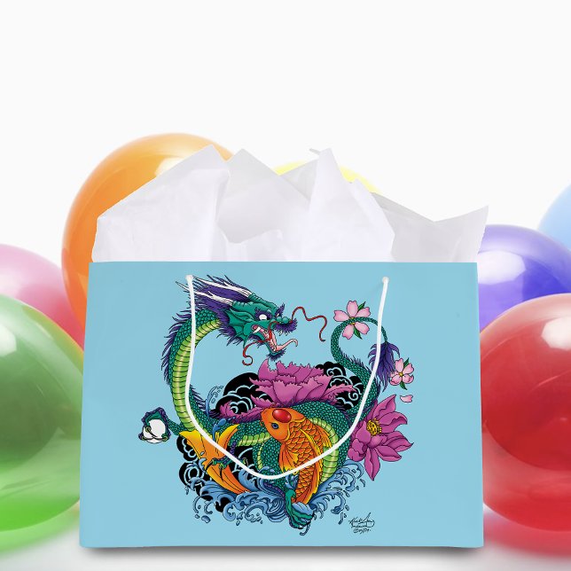 Vibrant Teal Oriental Koi Dragon Lotus Flower Large Gift Bag (Creator Uploaded)