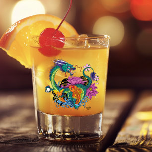 Vibrant Teal Oriental Koi Dragon Lotus Flower Shot Glass