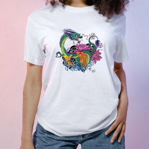 Vibrant Teal Oriental Koi Dragon Lotus Flower T-Shirt