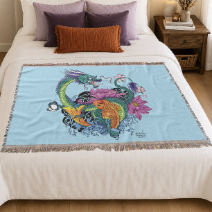 Vibrant Teal Oriental Koi Dragon Lotus Flower Throw Blanket