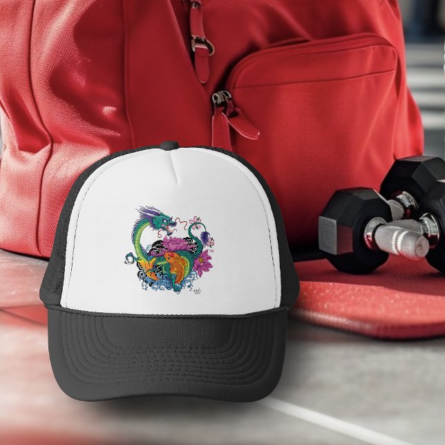 Vibrant Teal Oriental Koi Dragon Lotus Flower Trucker Hat (Creator Uploaded)