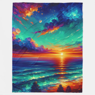 “Vibrant Teal Tides: Sunset Over Ocean” Fleece Blanket