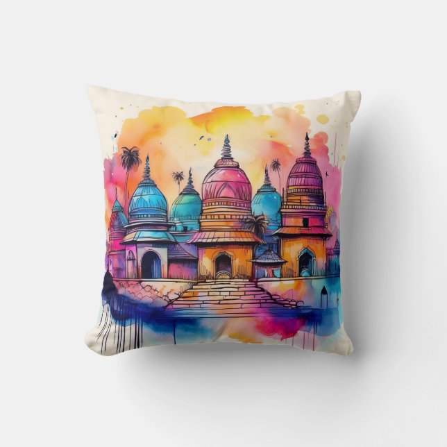 Vibrant Temple Architecture - Watercolour Art Cushion (Front)