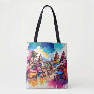 Vibrant Temple Townscape - Watercolour Art Tote Bag