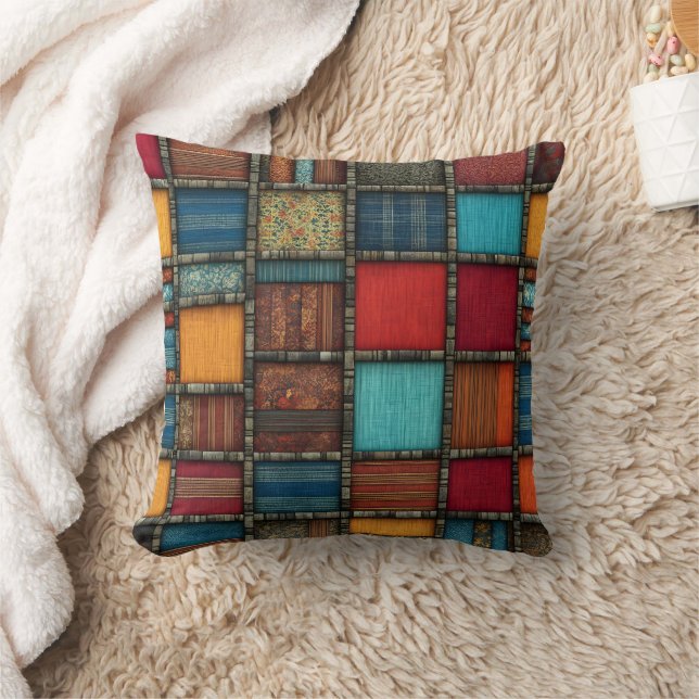 Vibrant textile patchwork in warm hues cushion (Blanket)
