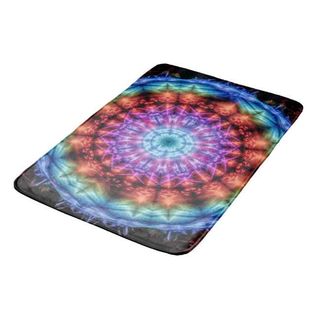 Vibrant Tie Dye Kaleidoscope Rainbow Mandala Bath Mat (Angled)