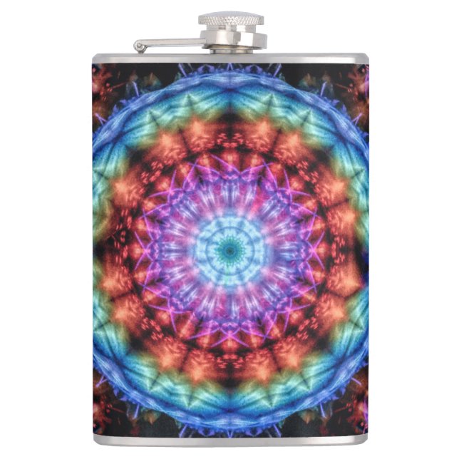 Vibrant Tie Dye Kaleidoscope Rainbow Mandala Hip Flask (Front)