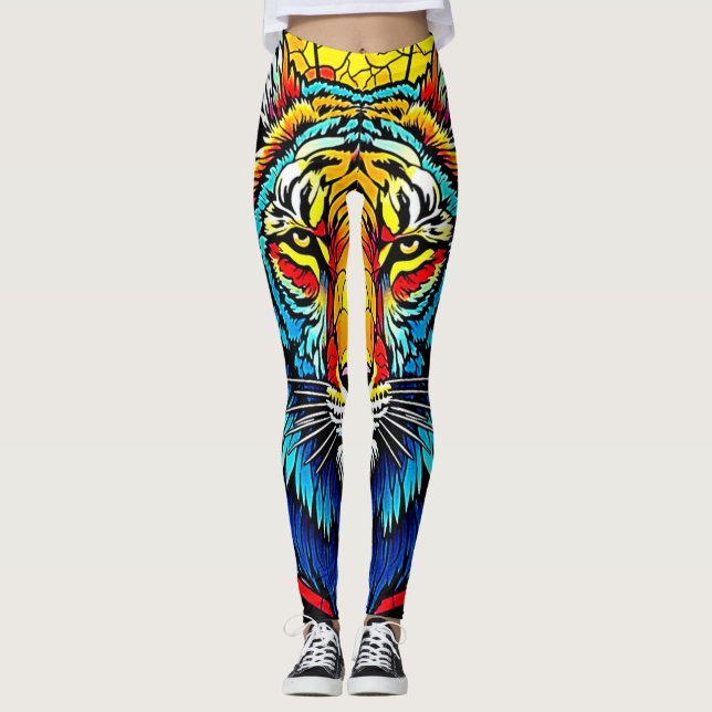Vibrant Tiger Stained Glass Leggings (Front)