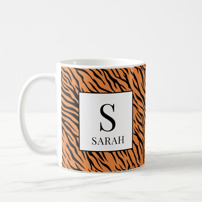 Vibrant Tiger Stripe Custom Initial Name Mug (Left)