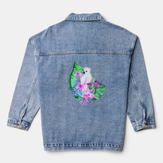 Vibrant Toucan and Tropical Foliage Denim Jacket (Back)