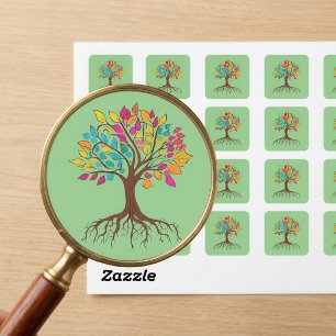 Vibrant Tree of Life: Roots and colourful leaves Square Sticker