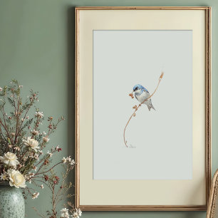 Vibrant Tree Swallow Watercolor Art with Berries Poster