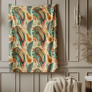 Vibrant tribal ethnic native feathers pastel green fleece blanket