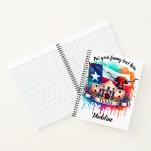 Vibrant tribute to Texas with Alamo and longhorn Notebook